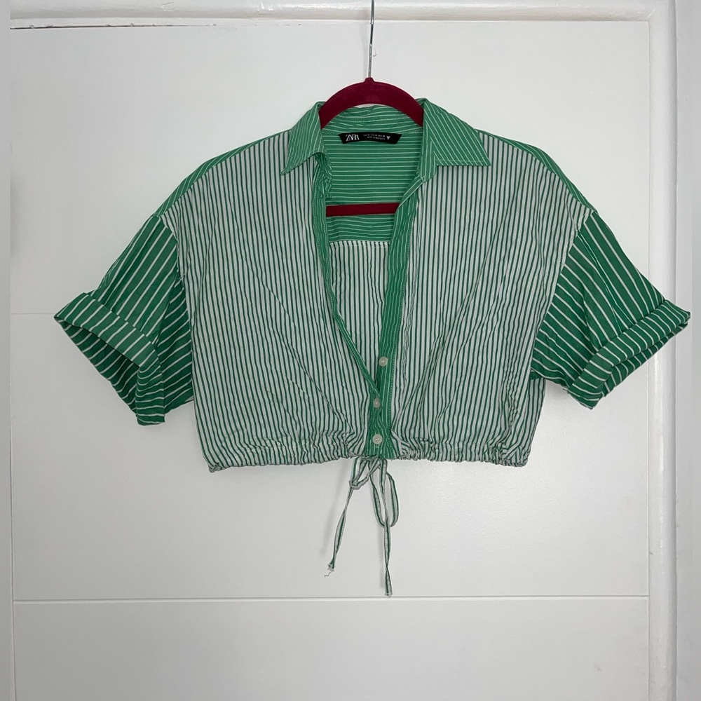 Green & White Striped Button-down Crop Top from Zara